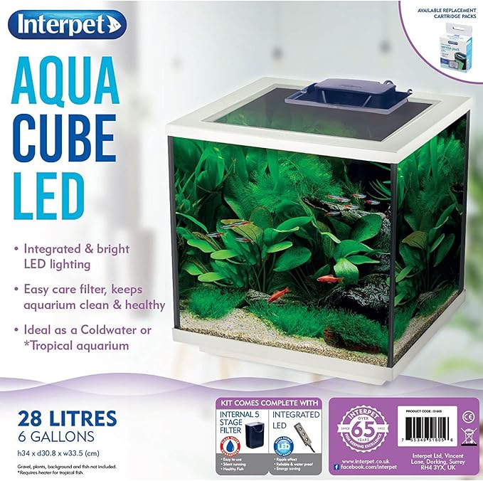 Interpet Aqua Cube Glass Fish Tank Aquarium with Integrated LED Lighting and Easy Care Filter, 28L, Clear/White